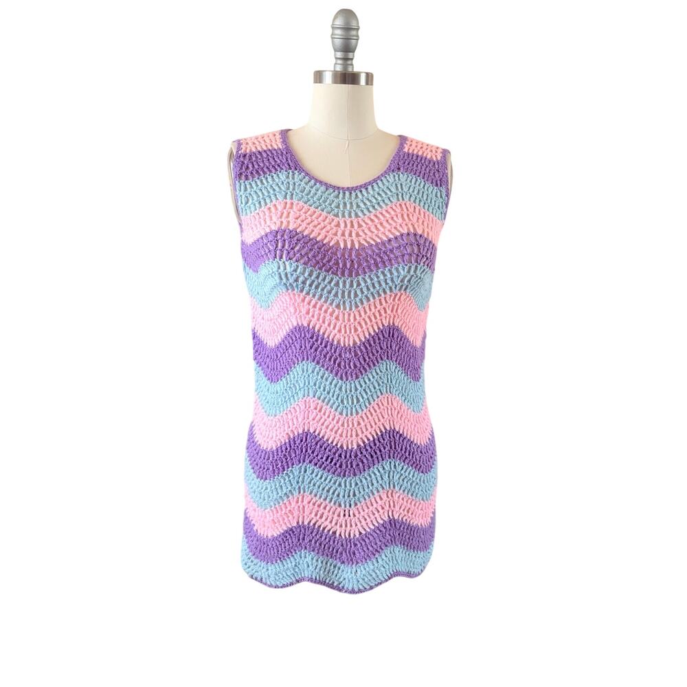 Vintage Handmade Crochet Mini Dress XS S Pastel Boho Festival Tunic